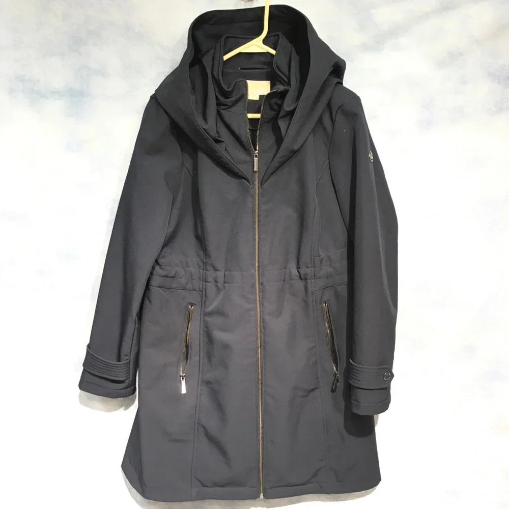 Michael Kors Navy Blue Women's Long Line Zip Technical Hooded Jacket Size Large - Picture 1 of 11